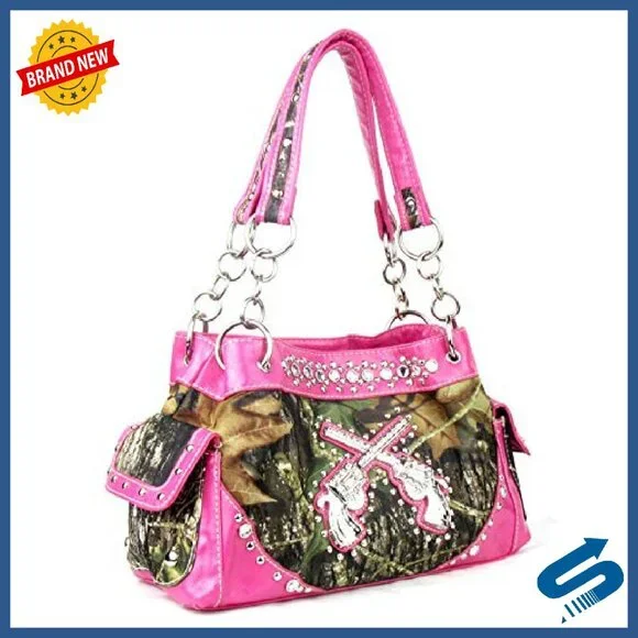 Camouflage Crossed Guns Shoulder Bag 13W Leather Zipper Closure
